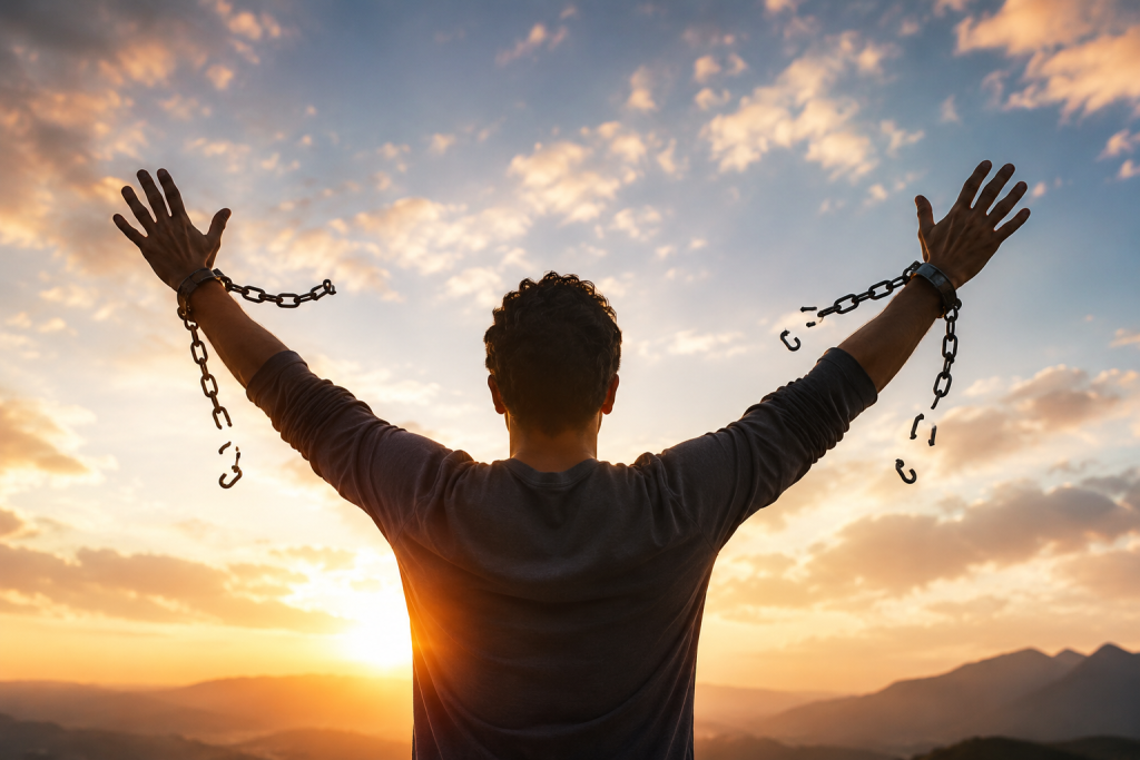 Person standing with arms raised as broken chains fall away, symbolizing freedom from people-pleasing, self-sacrifice, and unhealthy responsibility for others.