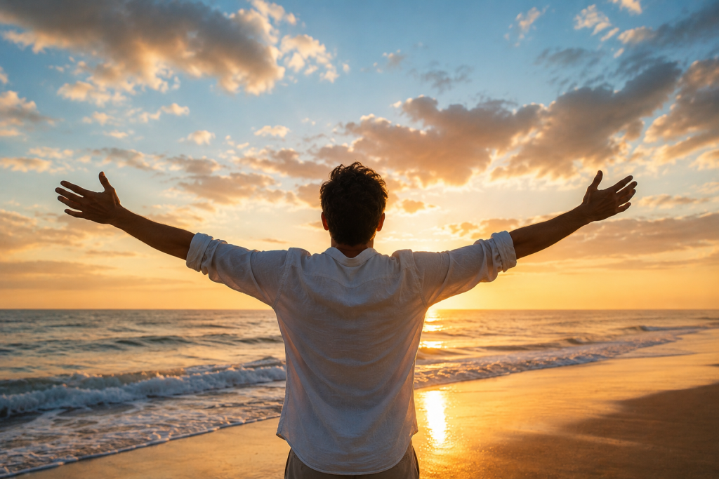 Man standing on a beach with arms open toward the sky, symbolizing emotional healing, nervous system regulation, self-trust, vulnerability, and healthy relationships.