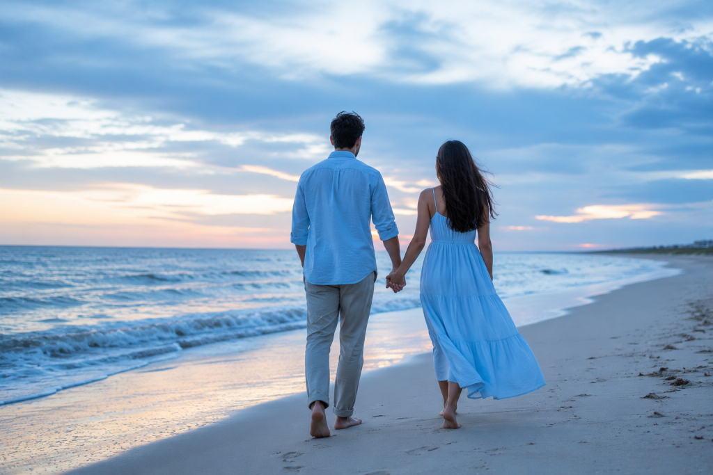 Two people walking hand in hand along a beach, representing connection, trust, attachment, and healthy relationships.