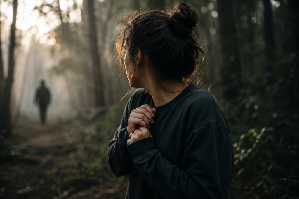 Woman standing in a forest looking over her shoulder, symbolizing hypervigilance, trauma recovery, heightened startle response, and nervous system activation.
